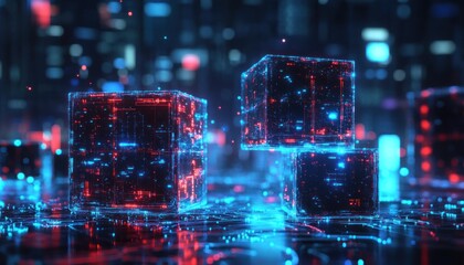 Wall Mural - Glowing Cubes with Red and Blue Lines in a Digital Cityscape