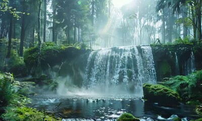 Canvas Print - Serene forest with a waterfall, Video