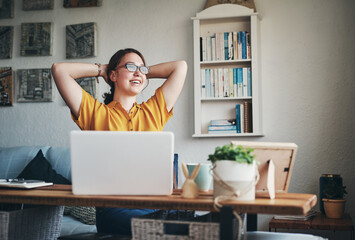 Aufkleber - Woman, laptop and smile with thinking for writing, blog or article in home office. Journalist, vision and technology for remote work, planning or research for copywriting or freelance career in house