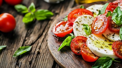 Caprese Salad.Mediterranean salad. Mozzarella cherry tomatoes basil and olive oil on old oak table. Delicious Italian cuisine