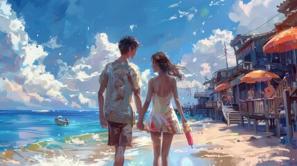 A young couple walking hand-in-hand down a sunny boardwalk, each enjoying a popsicle. The scene captures the essence of a carefree summer day filled with simple pleasures.