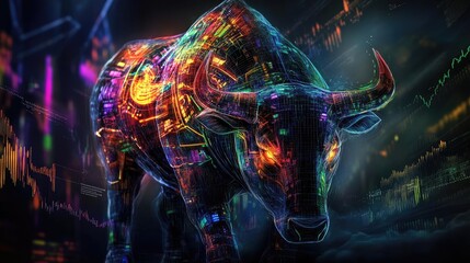 A vibrant, futuristic bull adorned with glowing patterns, symbolizing strength and market growth in a digital landscape.