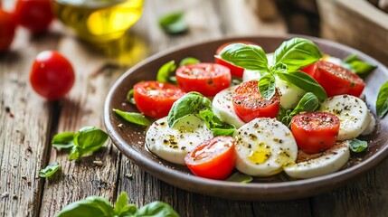 Caprese Salad.Mediterranean salad. Mozzarella cherry tomatoes basil and olive oil on old oak table. Delicious Italian cuisine