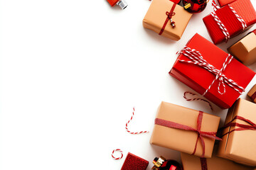 Wall Mural - Festive Christmas gift boxes in brown and red wrapping paper with ribbons, scattered on a white background, perfect for holiday themes.