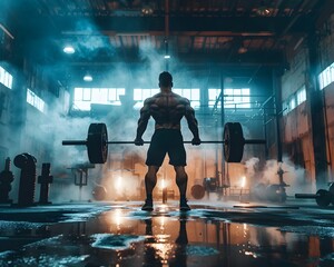 Wall Mural - Muscular Athlete Lifting Weights in Moody Industrial Gym Interior