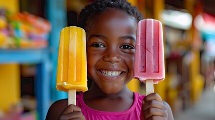 A young boy with a popsicle in each hand, smiling widely as he enjoys his double treat. The cheerful expression and colorful popsicles convey the joy and indulgence of summer treats.