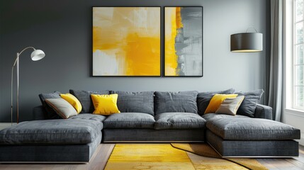 Modern living room with grey corner sofa and yellow artwork and lamp. Actual photo