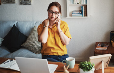 Aufkleber - Journalist, laptop and phone call with neck pain for project, blog or article in home office. Woman, strain and stress for remote work, planning or research for copywriting freelance career in house