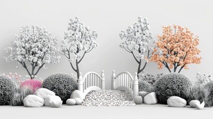 Wall Mural - An inviting autumn garden scene, with crisp lines and detailed foliage perfect for black and white coloring. The clean outlines ensure a relaxing and enjoyable coloring session.