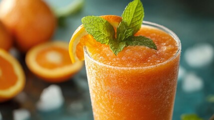 Fototapete - Detailed shot of a frosty glass of orange smoothie with a vibrant orange color, garnished with a mint leaf and a slice of orange on the rim.