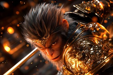 Canvas Print - Powerful Monkey King Warrior in Golden Armor with Staff