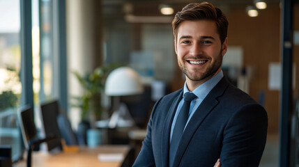 Confident young businessman in modern office, smiling and standing with arms crossed, wearing suit and tie. Professional and successful entrepreneur in a sleek workplace setting