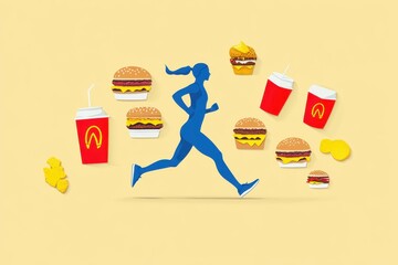 Wall Mural - Abstract vibrant representations of a running figure surrounded by fast food icons, symbolizing the battle between fitness and unhealthy diet, illustrating the struggle for a healthy lifestyle.