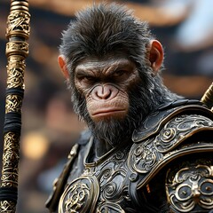 Poster - Powerful Ape Warrior in Golden Armor with Weapon