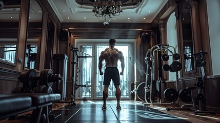 Wall Mural - Muscular Athlete Lifting Weights in Luxury Home Gym Interior