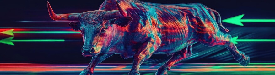 A dynamic and colorful portrayal of a bull in motion, showcasing strength and energy with vibrant digital effects.