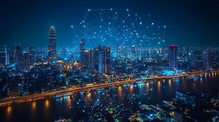 Fototapete - Wireless network and Connection technology concept with Abstract Bangkok city background in panorama view : Generative AI
