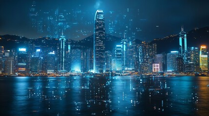 Fototapete - Smart network and Connection technology concept Hong Kong digital city background at night in victoria harbour Cyberpunk color style Panorama view : Generative AI