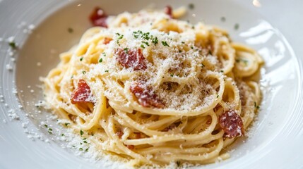 Sticker - Detailed shot of a plate of spaghetti carbonara, with creamy sauce, crispy pancetta, and grated Parmesan, emphasizing the rich textures and appetizing presentation.