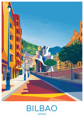 Wall Mural - Bilbao Spain Poster Illustration Travel Print Decor Gift Paper Canvas Wall Retro Art