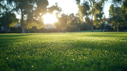 Background texture of a large public local park with green and healthy grass and with some trees and residential houses in the distance Melbourne VIC Australia : Generative AI