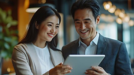 Two happy professional business people team Asian woman and Latin man workers working using digital tablet discussing financial marketing strategy at corporate office meeting vertical : Generative AI