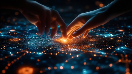 Fototapete - Digital transformation conceptual for next generation technology era AI Machine learning Hands touching the big data structure Digital data network connections Data transformation : Generative AI