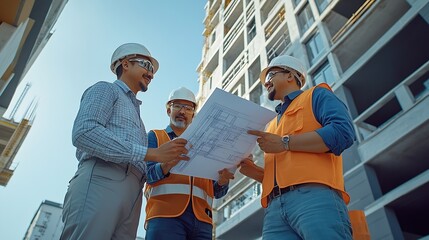 Poster - team engineer foreman architect meeting for colleagues discussing and checks construction blueprints at onsite : Generative AI
