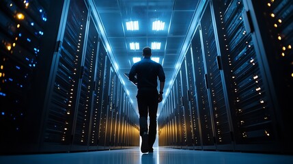 Aufkleber - Male IT Specialist Walks Between Row of Operational Server Racks in Data Center Engineer Uses Tablet Computer for Maintenance Concept for Cloud Computing Artificial Intelligence Cybers : Generative AI
