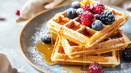 A plate of waffles topped with fresh berries and syrup.