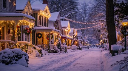 Snow-covered street with homes decorated with festive Christmas lights and wreaths.