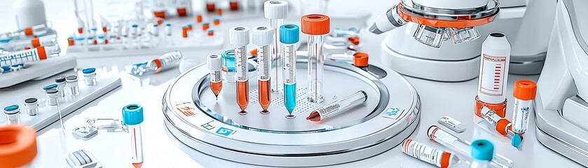 a detailed view of laboratory equipment with vials and syringes, showcasing modern pharmaceutical re