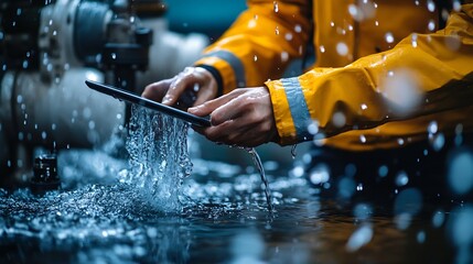 Aufkleber - Photo of person using a tablet on water pump background person working on a digital tablet : Generative AI
