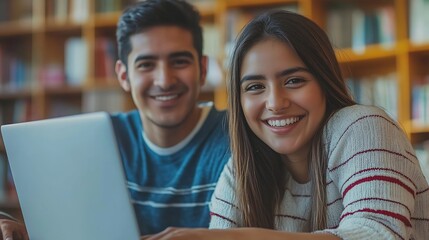 Leinwandbilder - young latin couple woman and man at work using laptop or computer in casual clothes at office in Mexico hispanic teamwork in Latin America : Generative AI