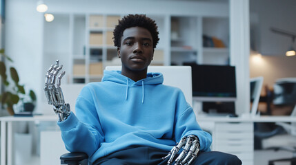 Leinwandbilder - Young programmer sits in his office, equipped with advanced bionic arms
