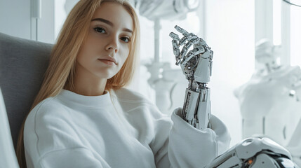 Aufkleber - Female engineer sits in a laboratory with a robotic arm, while humanoid robots are seen in the background