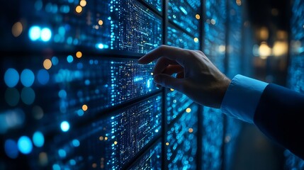 Leinwandbilder - Big data digital technology concept Software engineer touching on virtual internet network connection with data center network server innovative futuristic technology background data m : Generative AI