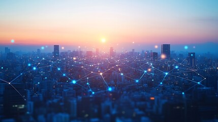 Fototapete - Global world telecommunication network Wireless Communication on modern cityscape background : Generative AI
