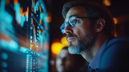 Leinwandbilder - Business professional brokers discussing stock market on pc screen in real time analyzing dynamic exchange rate database graph or interesting unit investment for trading in valued grow : Generative AI
