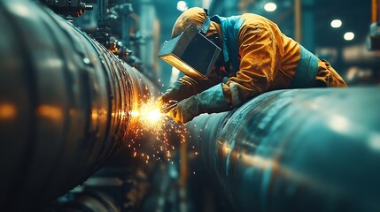 Aufkleber - Industrial 40 Digital Visualization Concept Heavy Industry Welder Working Welding Inside Pipe Construction of NLG Natural Gas and Fuels Transport Pipeline Future of Clean Green Power a : Generative AI