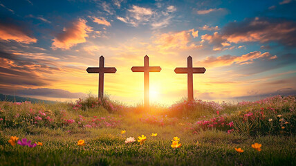 Sunset silhouette of three wooden crosses in a field with flowers. Religious symbolism. Christian imagery. Crucifixion of Jesus and faith concept.