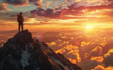 Wall Mural - A lone hiker stands atop a mountain peak at sunrise, surrounded by vibrant clouds and a breathtaking landscape The sky glows with warm colors