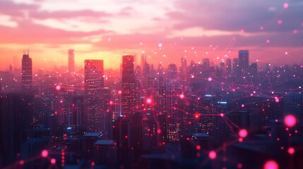 Fototapete - Wireless network and Connection technology concept with Abstract buildings and city background : Generative AI