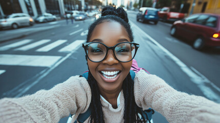 Young woman in glasses and a backpack captures a selfie while crossing the street