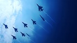 20. A formation of military jets performing a synchronized flyover