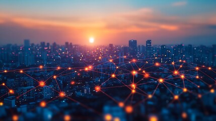 Fototapete - Smart city connection  dot point connect with line network technology metaverse conceptBig data connection technology Telecommunication and communication network concept : Generative AI