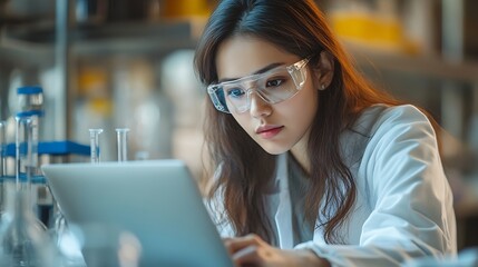 Aufkleber - Woman scientist and research with laptop and tablet for results medical study or exam on new discovery at lab Female person or biologist working on technology for experiment or test at : Generative AI