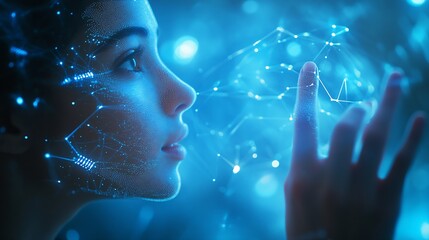 Poster - A person interacting with a futuristic holographic interface featuring digital data and connections on a blue background showcasing technology concept : Generative AI