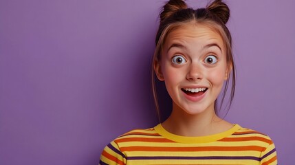 Photo of overjoyed ecstatic schoolgirl with straight hairdo dressed striped top staring at impressive sale isolated on violet background : Generative AI