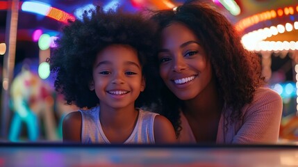 A cute AfricanAmerican child with afro curls with her mother playing air hockey at an amusement park and carousel on her day off in the evening : Generative AI